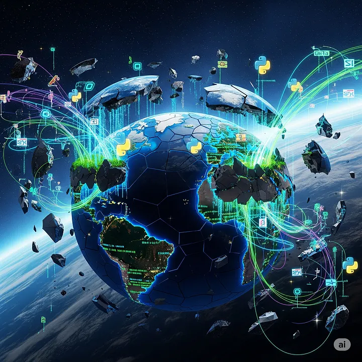 A version of the Earth that looks digitized and blowing apart. AI generated.